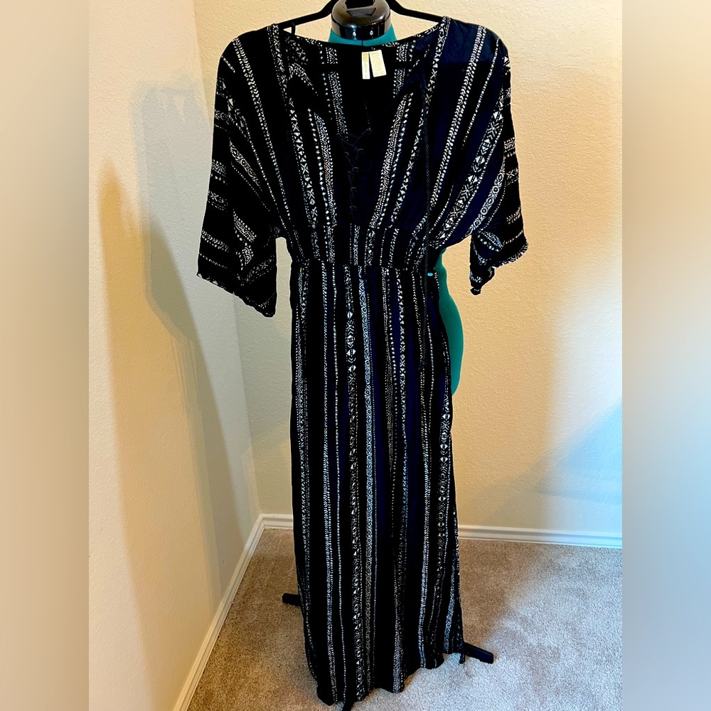 Black rayon maxi dress with cinched waist, size S